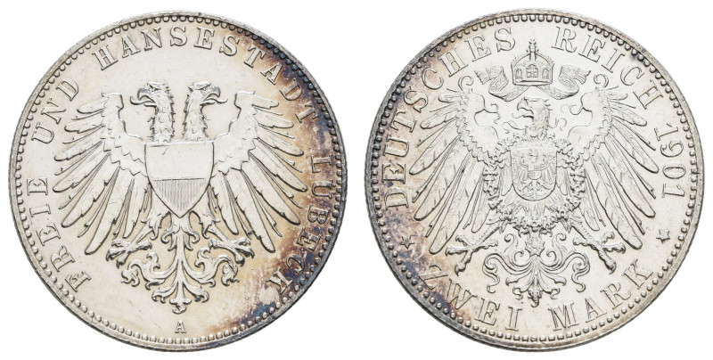 Silbermünzen des Kaiserreichs Lübeck
 2 Mark, 1901, kl. Kr., poliert, vz. J. 80...