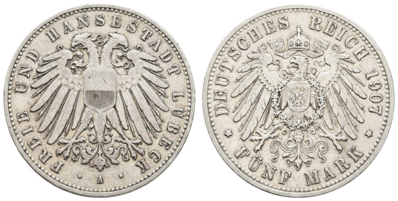 Silbermünzen des Kaiserreichs Lübeck
 5 Mark, 1907, kl. Rf., ss. J. 83