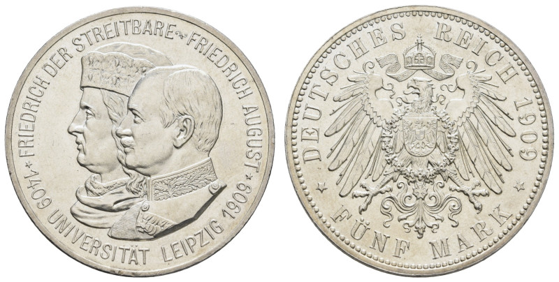 Silbermünzen des Kaiserreichs Sachsen
 5 Mark, 1909, Friedrich August III., 500...