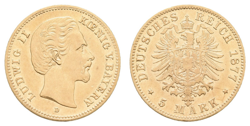 Goldmünzen des Kaiserreichs Bayern
 5 Mark, 1877, Ludwig II., ss. J. 195