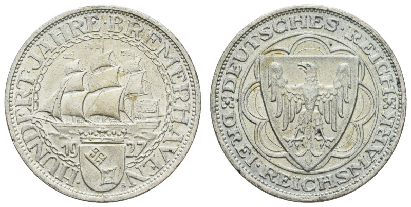 Münzen Weimar
 3 Reichsmark, 1927, Bremerhaven, kl. Rf., vz. J. 325