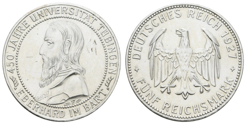 Münzen Weimar
 5 Reichsmark, 1927, Tübingen, poliert/gereinigt, vz., J. 329