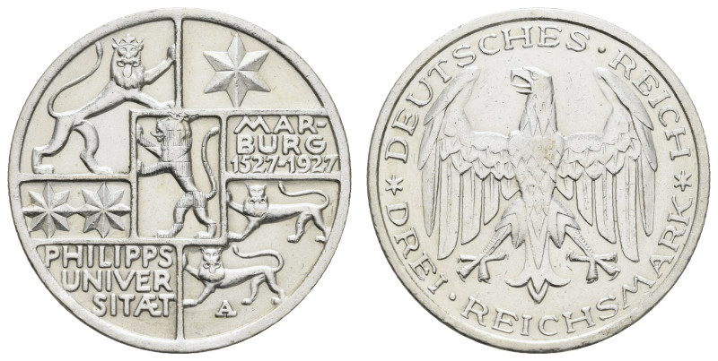 Münzen Weimar
 3 Reichsmark, 1927, Marburg, kl. Kr., kl. Rf., berieben, Av. vz,...