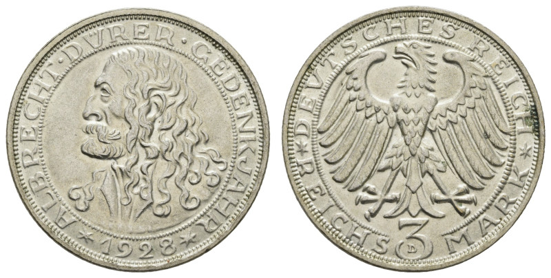 Münzen Weimar
 3 Reichsmark, 1928, Dürer, wz. Rf., Av. wenige wz. Kr., Rev. grü...