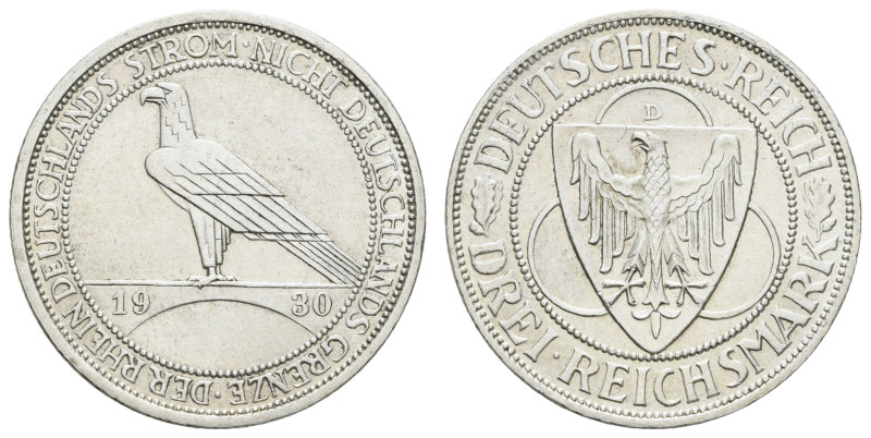 Münzen Weimar
 3 Reichsmark, 1930, D, Rheinlandräumung, kl. Rf., leicht beriebe...