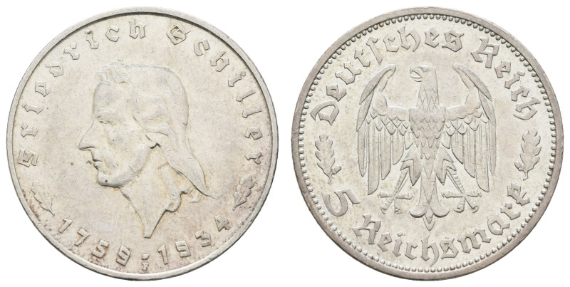 Münzen Drittes Reich
 5 Reichsmark, 1934, Schiller, kl. Kr., kl. Rf., ss., J. 3...