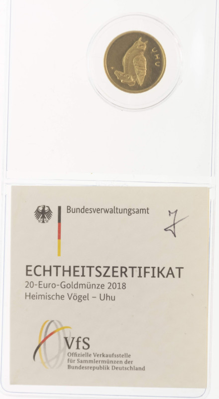 Bundesrepublik Deutschland
 20 Euro, Gold, 2018, J, Heimische Vögel - Uhu, mit ...