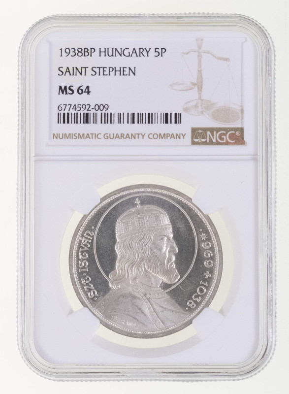 Europa und Übersee Ungarn
 5 Pengö, 1938, St. Stephan, KM 516, NGC MS 64