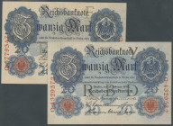 Banknoten Deutsche Reichsbanknoten 1874-1945
 Lot 10 St.: 20 Mark 1906 (III), 1907 (III), 1908 (I), 1909 (III) 1910 (III), 1910 (I), 1914 (I). Ro. 24...