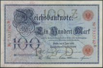 Banknoten Deutsche Reichsbanknoten 1874-1945
 100 Mark 8.6.1907, KN 7-stellig rot, Udr. Z/ Serie B Nr. 7333740, Ro. 30, Erh. II/ XF, Selten!