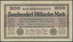 Banknoten Deutsche Reichsbanknoten 1874-1945
 Weimarer Republik, 200 Mrd. Mark 15.10.1923, Wz. Ringe, KN 7-stellig mit zwei Kommastellen, FZ AK , Ro....