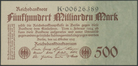 Banknoten Deutsche Reichsbanknoten 1874-1945
 Weimarer Republik, 500 Mrd. Mark 26.10.1923, KN 8-stellig schwarz, Serie K00626389, Ro. 124b, Papier mi...