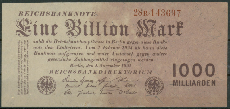 Banknoten Deutsche Reichsbanknoten 1874-1945
 1 Bio. Mark 1.11.1923, Firmendruc...