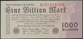 Banknoten Deutsche Reichsbanknoten 1874-1945
 Weimarer Republik, 1 Bill. Mark 1.11.1923, KN-8stellig, Serie H01518198, Ro.126a, Erh. I/ unc.