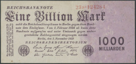 Banknoten Deutsche Reichsbanknoten 1874-1945
 Weimarer Republik, 1 Bill. Mark 1.11.1923, FZ P, KN-6stellig, Serie 124284, Ro.126b, kl. Fleck, Erh. II...