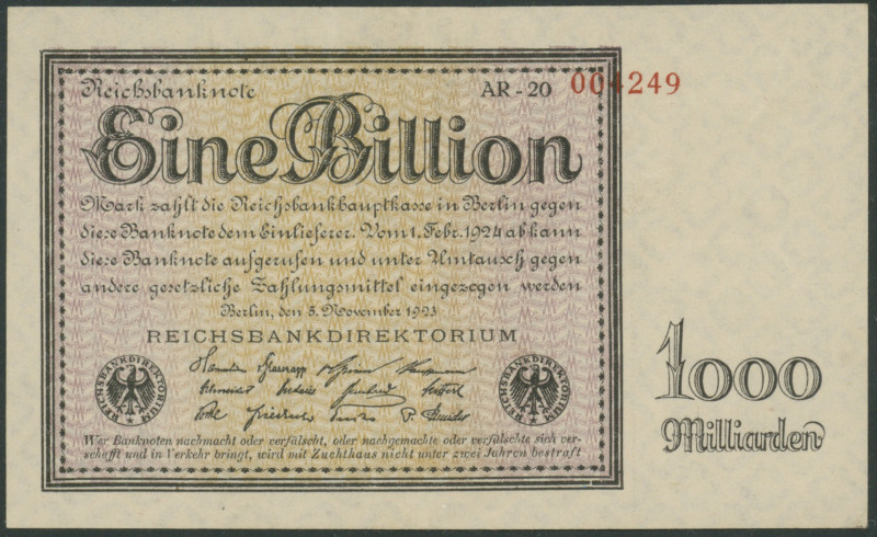 Banknoten Deutsche Reichsbanknoten 1874-1945
 Weimarer Republik, 1 Bio. Mark 5....