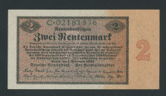 Banknoten Deutsche Reichsbanknoten 1874-1945
 Weimarer Republik, Deutsche Rentenbank, 2 Rentenmark 1.11.1923, Serie C. Ro. 155, Grab. DEU-200, I/unc.