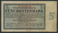 Banknoten Deutsche Reichsbanknoten 1874-1945
 Weimarer Republik, Deutsche Rentenbank, 5 Rentenmark 1.11.1923, KN 7-stellig Serie G3653590, Ro. 156b/ ...