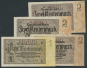 Banknoten Deutsche Reichsbanknoten 1874-1945
 Weimarer Republik, Deutsche Rentenbank 4 Noten: 1 Rentenmark 1937 KN braun 8-stellig (I), 3x2 Rentenmar...