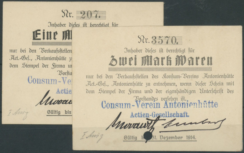 Banknoten Notgeld Scheine
 Antonienhütte (Oberschlesien/Polen), Consum-Verein A...