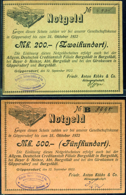 Banknoten Notgeld Scheine
 Göppersdorf (Sachsen), Friedr. Anton Köbke & Co. Akt...