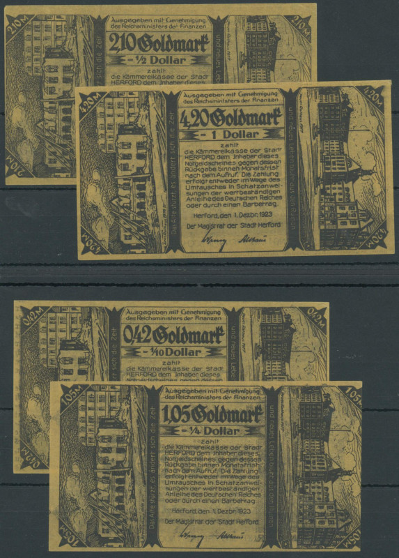 Banknoten Notgeld Scheine
 Herford (Wfl./NW), Stadt, 0,42, 1,05, 2,10 und 4,20 ...