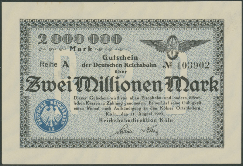 Banknoten Notgeld Scheine
 Köln (Rhl.) Reichsbahndirektion, 2 Mill. Mark 11.8.1...