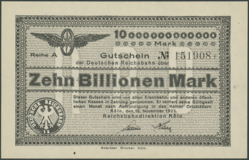 Banknoten Notgeld Scheine
 Köln (Rhl) Reichsbahndirektion, 10 Bill. Mark 18.11....