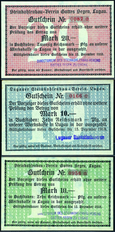 Banknoten Notgeld Scheine
 Lugau (Sachsen), 10 (2 St.) und 20 Reichsmark 15. De...