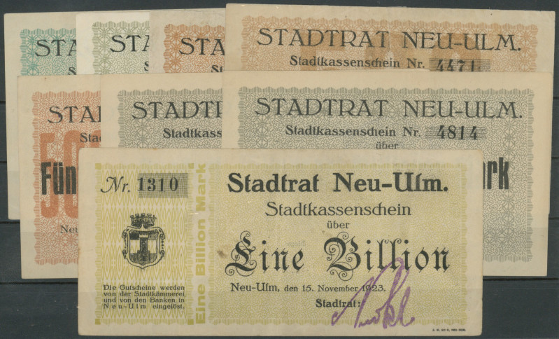 Banknoten Notgeld Scheine
 Neu-Ulm, (Bayern) Stadt, 500 und 100 Mill. Mark, 1, ...