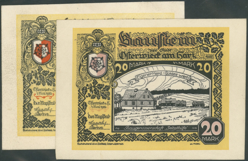 Banknoten Notgeld Scheine
 Osterwieck, 20 Mark 1.5.1922, 3 var., Udr. gelb und ...