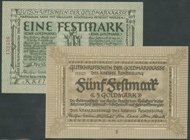 Banknoten Notgeld Scheine
 Rendsburg (SH) Kreis, 1 und 5 Festmark 25.10.1923, 2...