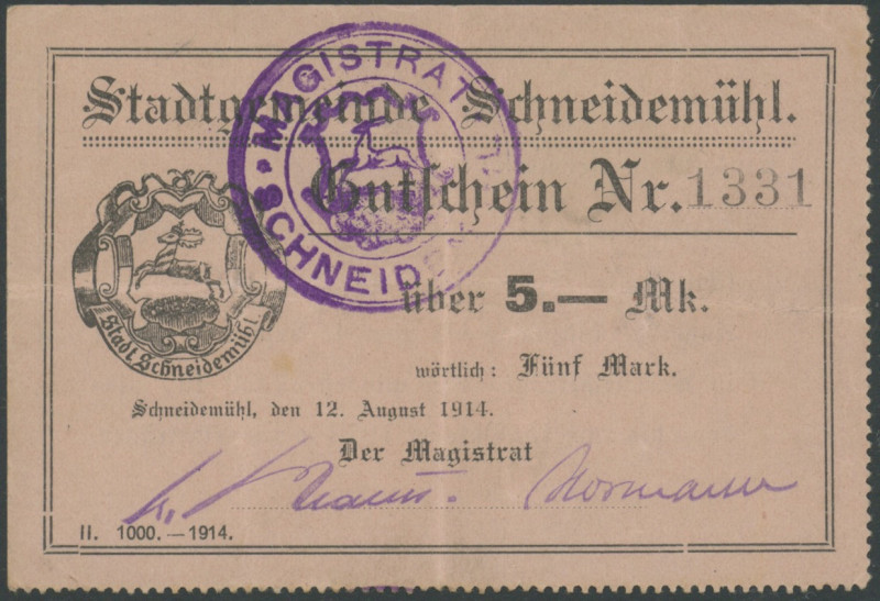 Banknoten Notgeld Scheine
 Schneidemühl ( Posen-Westpreussen), Magistrat, 2 Gut...