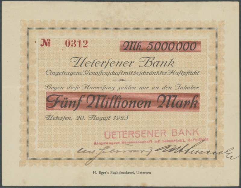 Banknoten Notgeld Scheine
 Uetersen (SH) Uetersener Bank, Anweisungen zu 1 Mill...