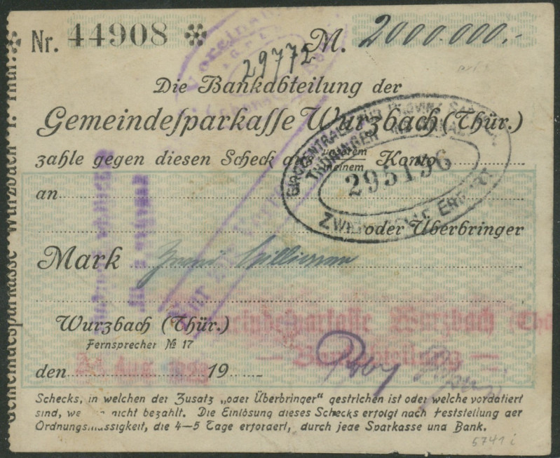 Banknoten Notgeld Scheine
 Wurzbach (Thüringen) Gemeindesparkasse W. Bankabteil...