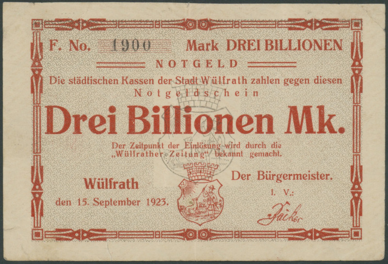 Banknoten Notgeld Scheine
 Wülfrath (Rhl.) 2 St.: Stadt, 3 Bill. Mark 15.9.1923...