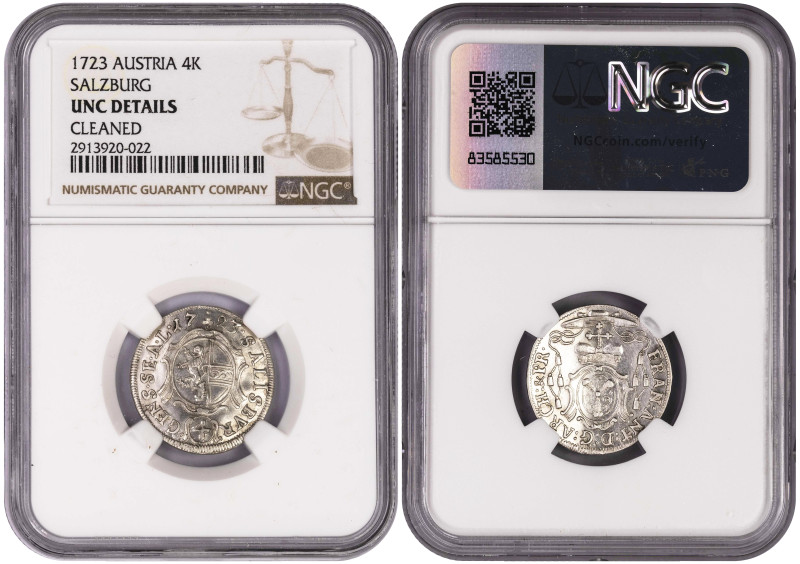 Austria Salzburg 4 Kreuzer 1723. NGC UNC Details

KM# 315, Zöttl# 2457-2466; P...