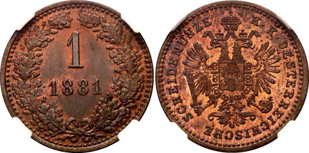 Austria 1 Kreuzer 1881. NGC MS 64 RB

KM-2186, N# 2360; Copper; Francis Joseph...