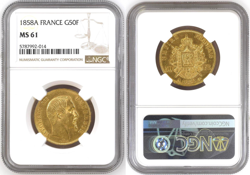 France 50 Francs 1858 A. NGC MS 61

KM-785.1, N# 10256, F# 547; Emperor: Napol...