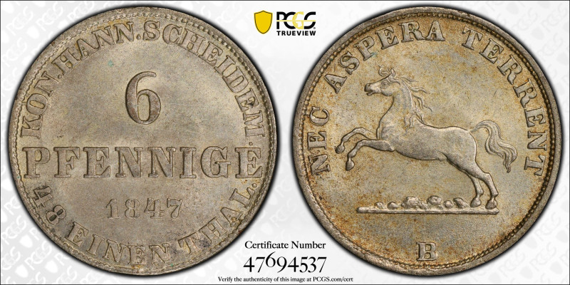 German States HANOVER 6 Pfennige (Kreuzer) 1847. PCGS MS-63. Almost TOP POP!!!
...