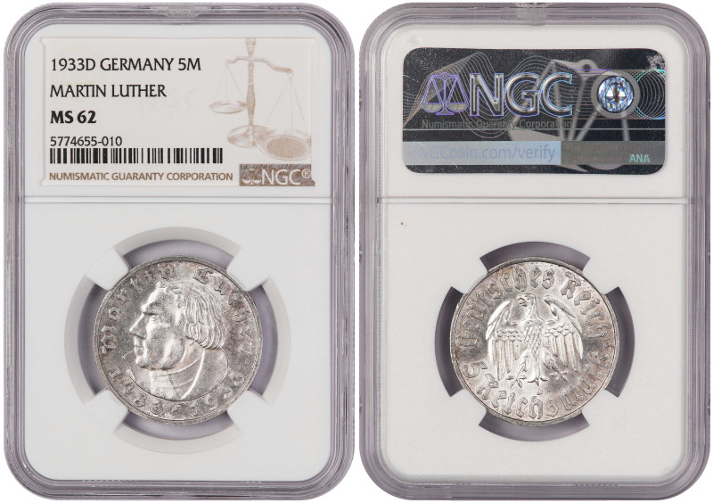 Germany 5 ReichsMark 1933-D. NGC MS 62

KM-80, J-353, Schön DM-76; Silver (.90...