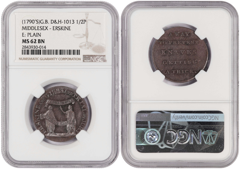 Great Britain Middlesex-Erskine 1/2 Penny 1790. NGC MS 62

D&H-1013; Bronze, 1...