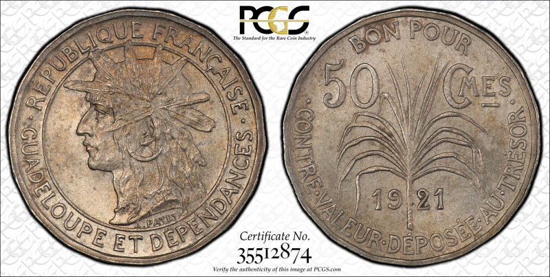 Guadeloupe 50 Centimes 1921. PCGS MS 63 

KM-45, N#6182; Period: French Depend...