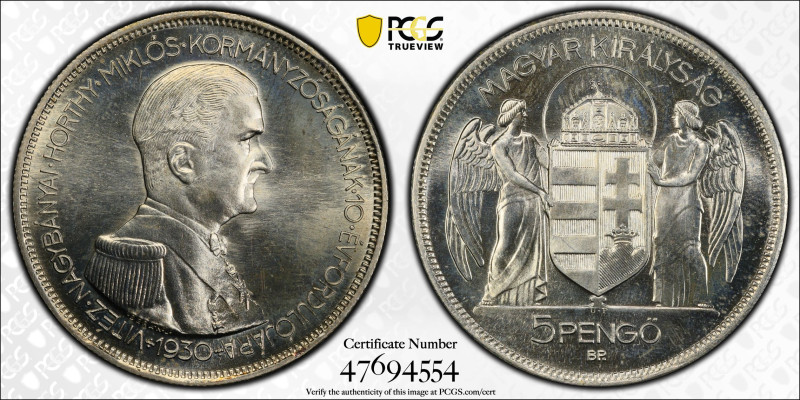 Hungary 5 Pengo 1930-BP. PCGS Proof 66. Almost TOP POP!

KM-512.2; Regent: Nic...