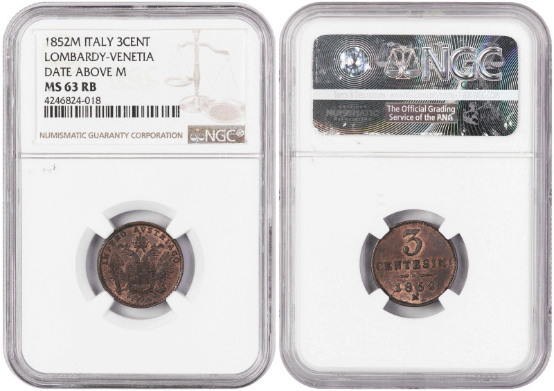 Austrian Italy – Lombardy Milan 3 Centesimi 1852-M. NGC MS 63 Red-Brown. Almost ...