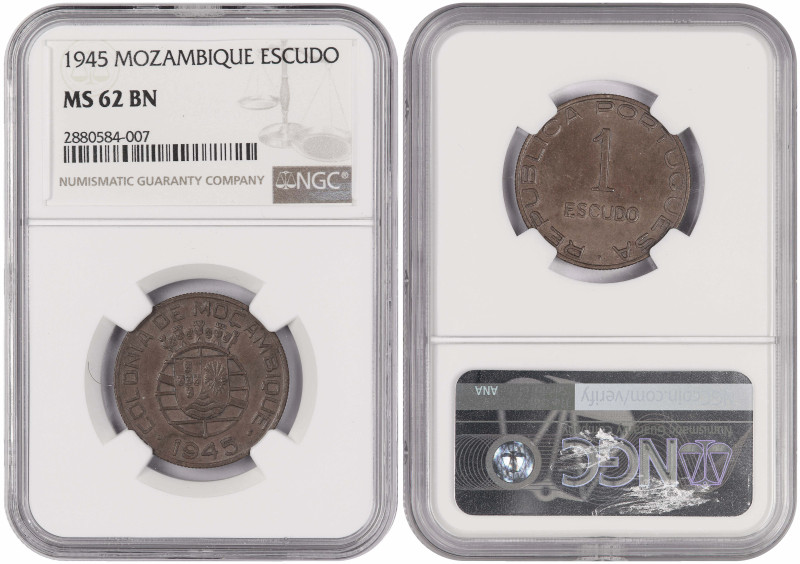 Mozambique Portuguese Colony 1 Escudo 1945. NGC MS 62

KM-74; 1 year type. WWI...