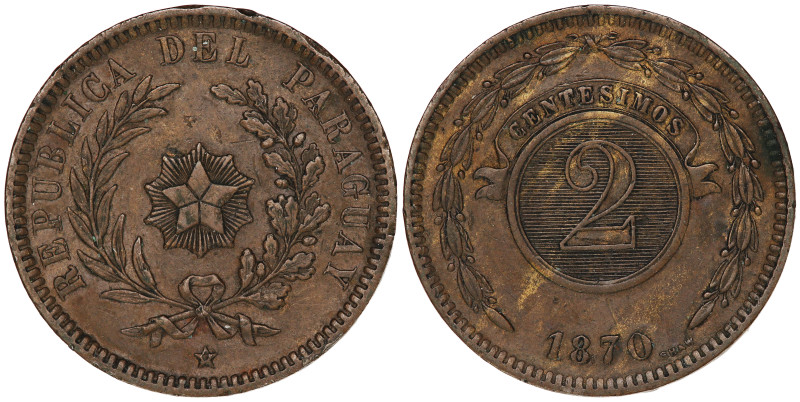 Paraguay 2 Centesimos 1870 SHAW

KM-3; Republic (1811-date); Birmingham Mint (...