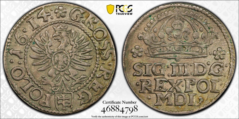 Poland 1 Grosz 1614. PCGS AU-55. Almost TOP POP!

Kopicki-803 (R), Gum-949; Ki...