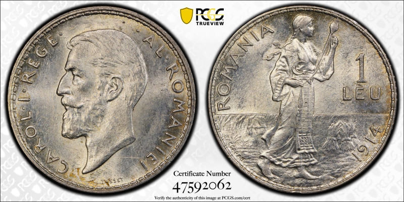 Romania 1 Leu 1914. PCGS MS-64

KM-42; King: Carol I (1881-1914); Silver (.835...