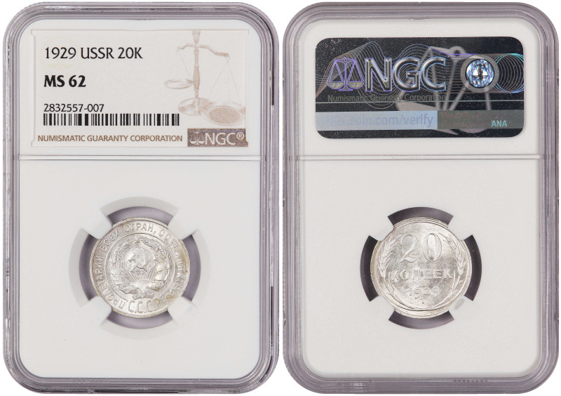 Russia-USSR 20 Kopeks 1929. NGC MS 62

Y-88; Silver (.500), 3.6 g.; Certified ...